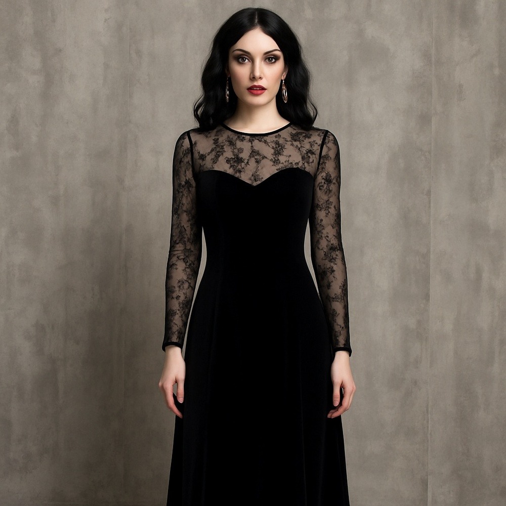 Robbie Bee Black Velvet Lace Long Sleeve Maxi Dress Size 6 Evening Formal Gown